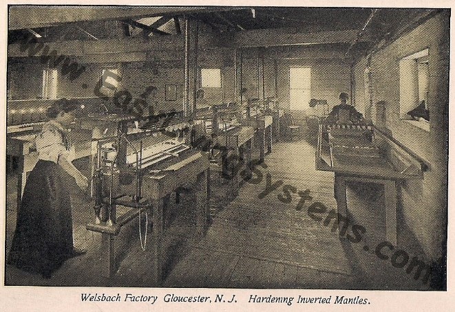 Welsbach inverted gas mantle hardening factory room